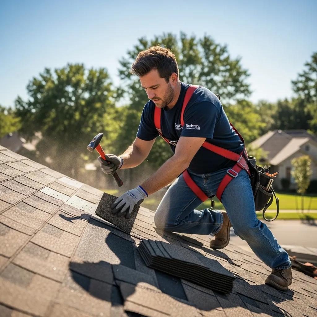 Roofing technician replacing shingles on a sloped roof, illustrating common roof repair services