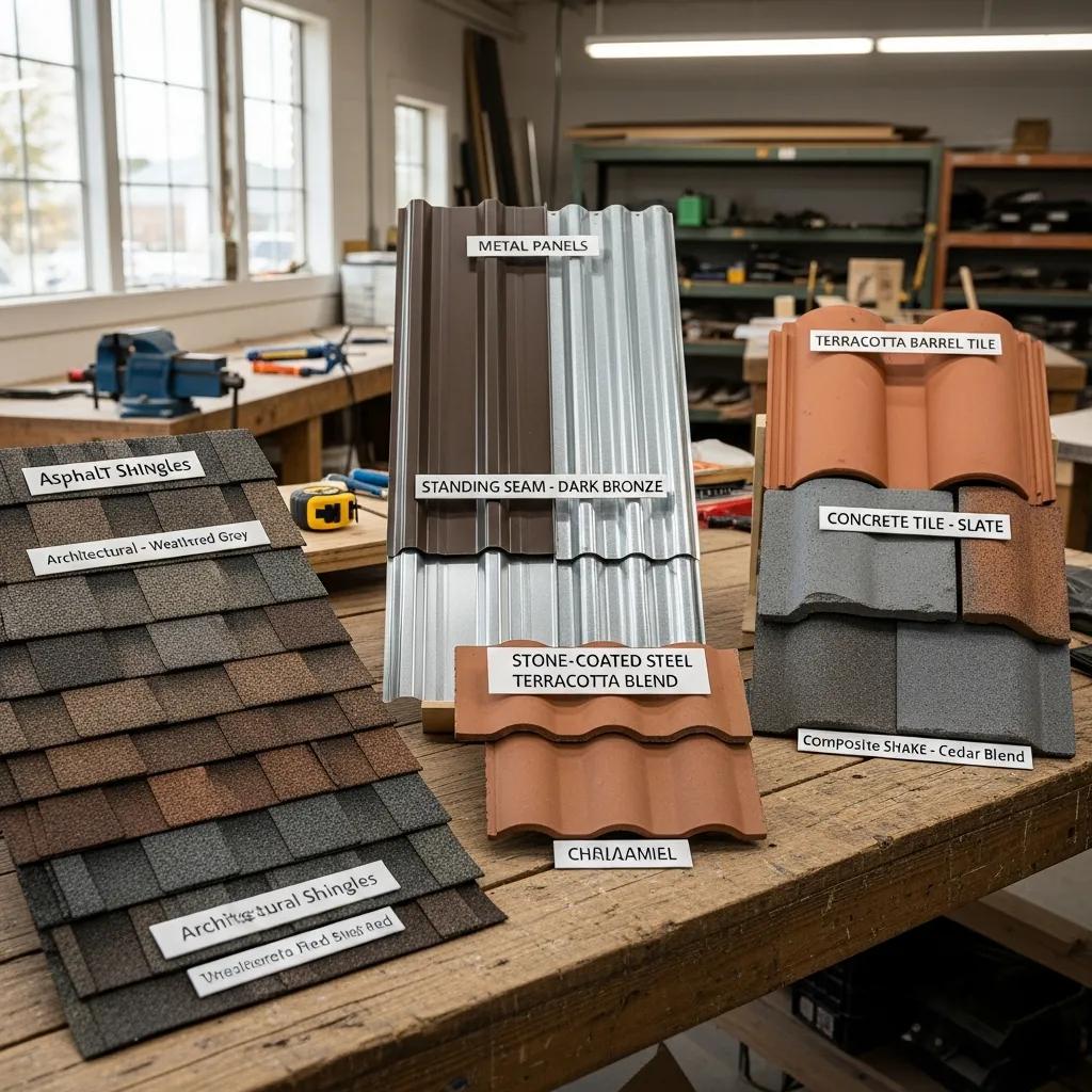 Variety of roofing materials displayed on a table, showcasing options for new roof installation costs