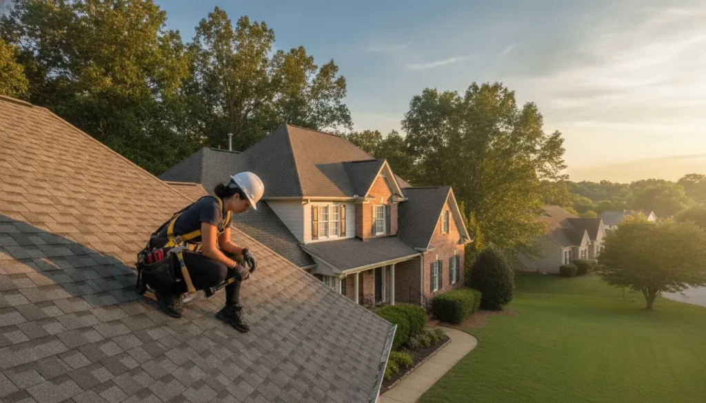 Roofer inspecting an asphalt shingle roof on a North Georgia home