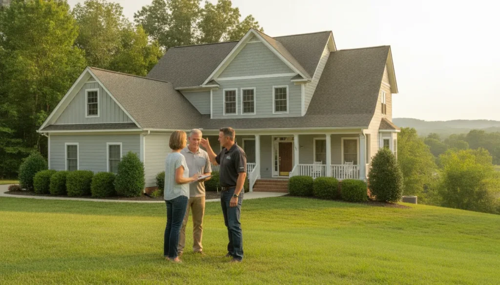 Georgia homeowner discussing roof replacement financing with a roofing consultant