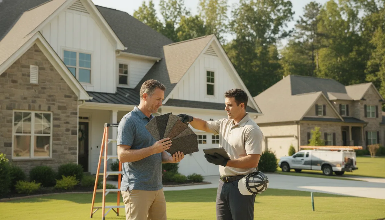 Alpharetta homeowner discussing a roof inspection with a contractor