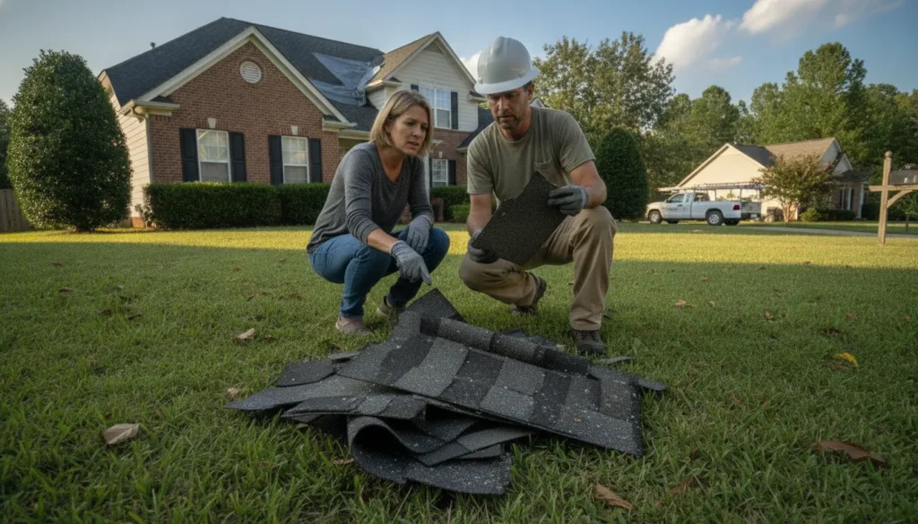 Georgia homeowner reviewing storm-damaged roof with a roofing professional