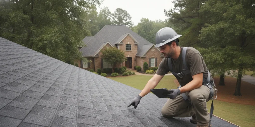 Roofing professional assessing storm-related roof damage at a Woodstock-area home