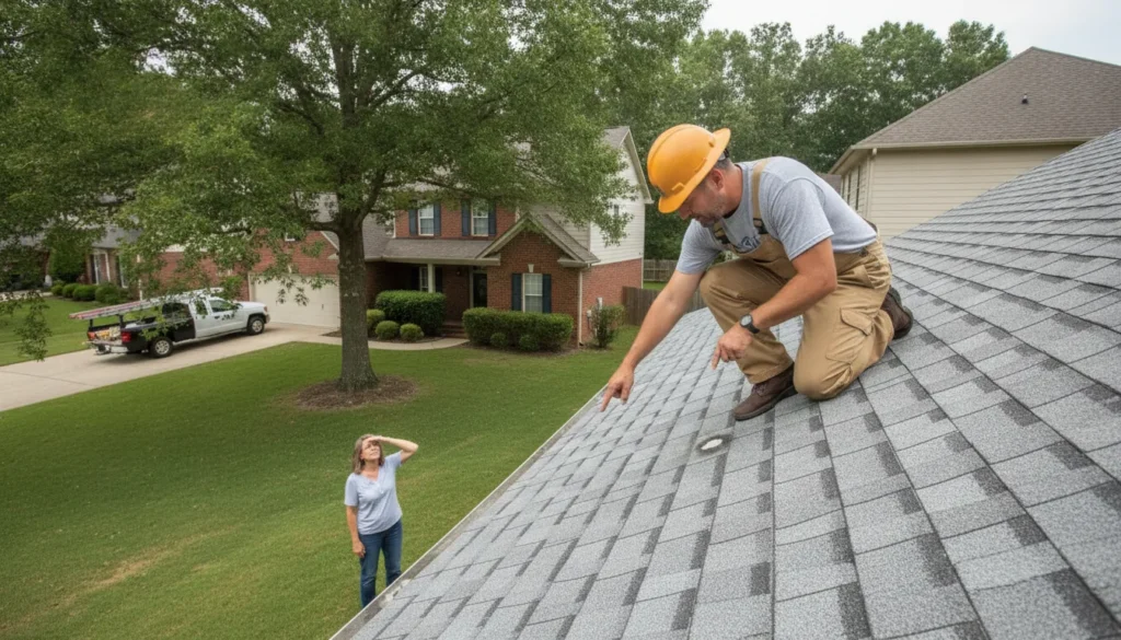 Roofing professional inspecting hail damage on a Georgia home