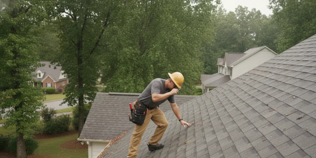 Roofing professional examining asphalt shingles on an Alpharetta-area home after a hailstorm