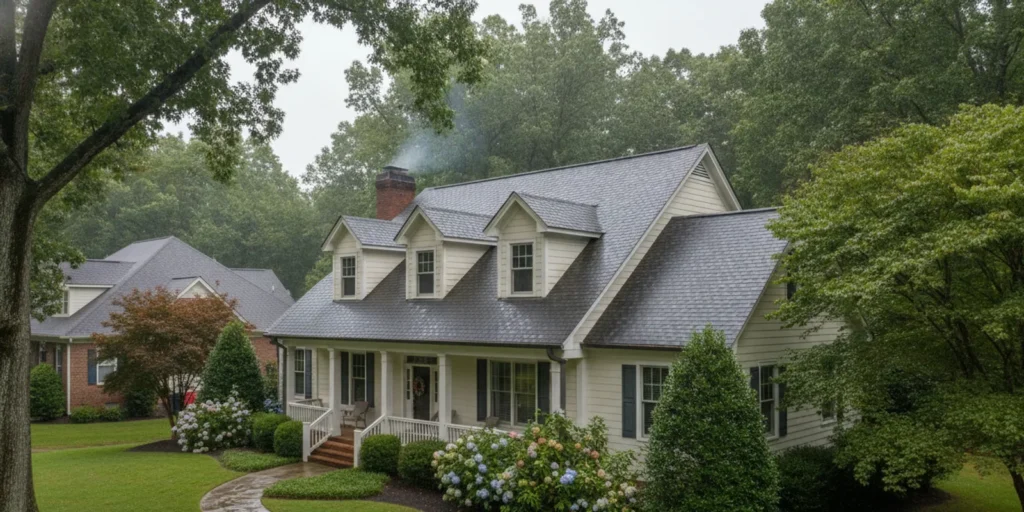 Marietta home with an asphalt shingle roof viewed after a rainstorm