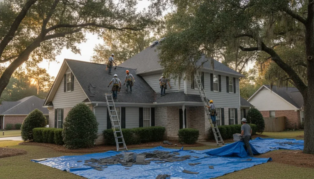 Roofing crew replacing shingles on a Georgia home