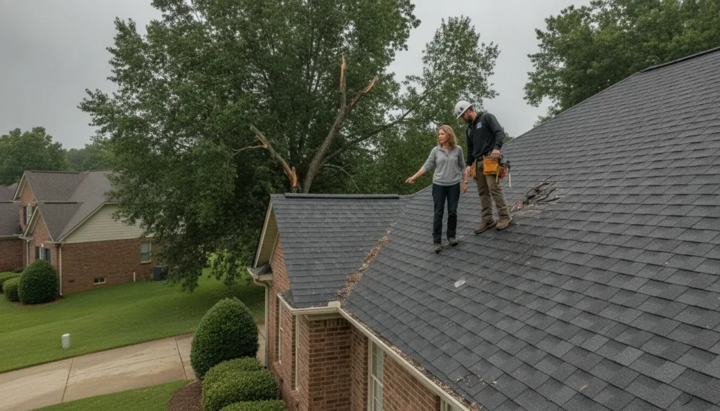 Georgia homeowner and roofing professional inspecting storm damage after a storm